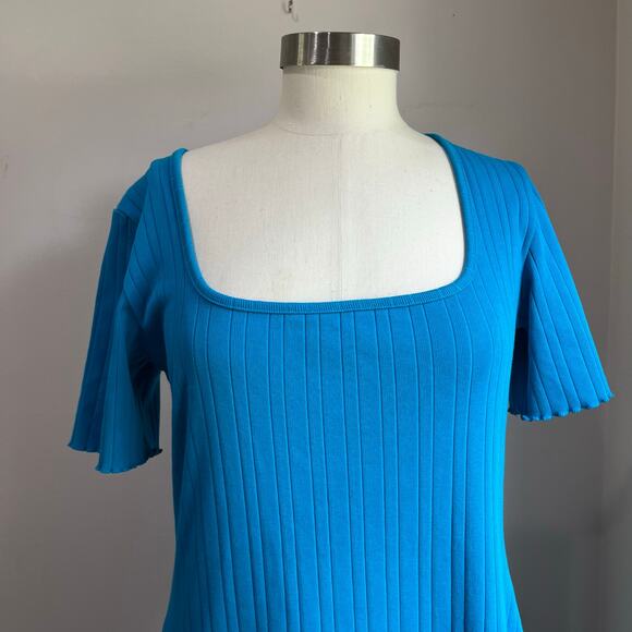 WRAY Square Neckline Turquoise Blue Ribbed Midi Sheath Dress Size XL - Picture 8 of 8